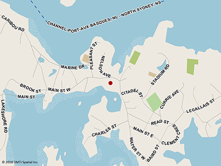 Map indicating the location of Port Aux Basques Service Canada Centre at 64 Main Street in Channel-Port aux Basques