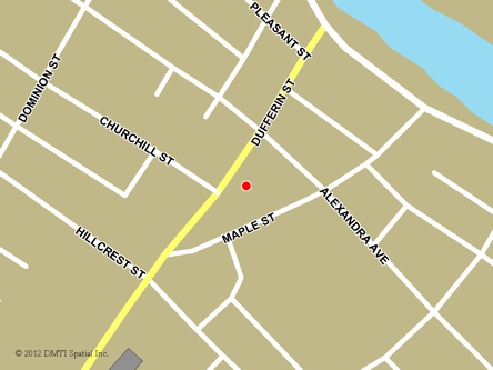 Map indicating the location of Bridgewater Service Canada Centre at 77 Dufferin Street  in Bridgewater