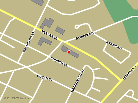 Map indicating the location of Port Hawkesbury Service Canada Centre at 811 Reeves Street in Port Hawkesbury