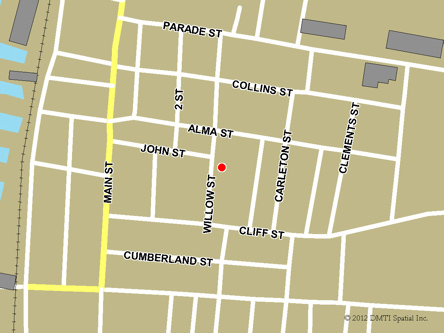 Carte routière indiquant l'emplaçement du bureau Yarmouth - Centre Service Canada situé au 13, rue Willow à Yarmouth