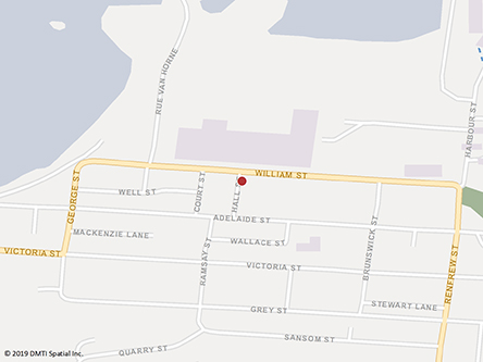 Map indicating the location of Dalhousie Service Canada Centre at 107 Hall St in Dalhousie