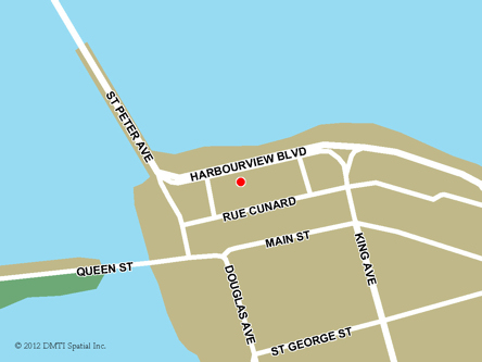 Map indicating the location of Bathurst Service Canada Centre at 120 Harbourview Boulevard in Bathurst
