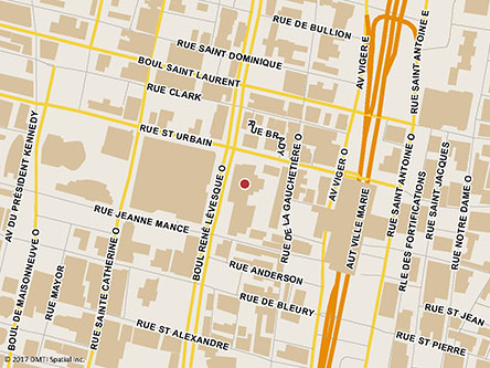 Map indicating the location of Montreal Service Canada Centre - Passport Services at 200 René-Lévesque Boulevard West, Suite 103, West Tower in Montréal