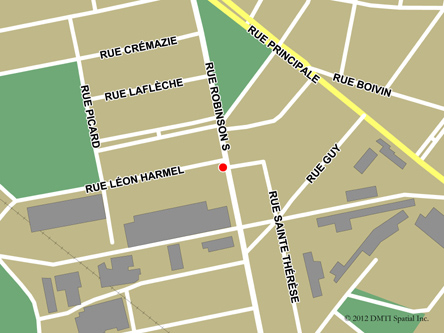 Carte routière indiquant l'emplaçement du bureau Granby - Centre Service Canada situé au 82 rue Robinson Sud à Granby