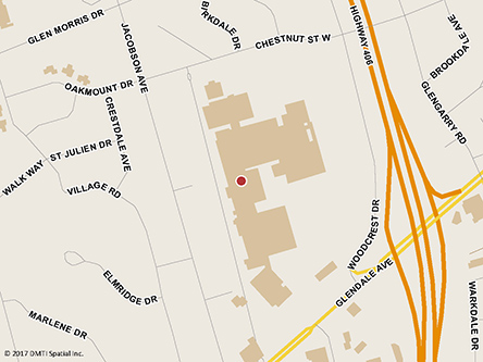 Carte routière indiquant l'emplaçement du bureau St. Catharines - Centre Service Canada - Services de Passeport situé au 221, avenue Glendale, suite 604 à St. Catharines