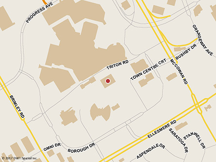 Map indicating the location of Scarborough Service Canada Centre - Passport Services at 200 Town Centre Court, Suite 210 in Scarborough