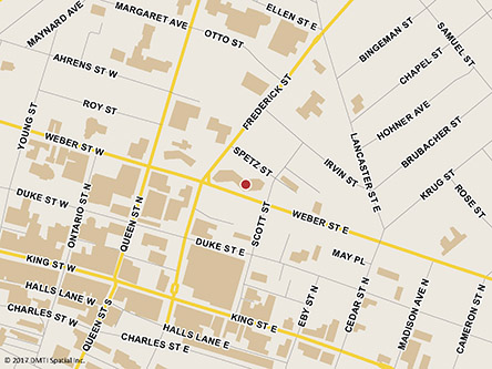 Map indicating the location of Kitchener Service Canada Centre - Passport Services at 40 Weber Street East, Mezzanine Level in Kitchener
