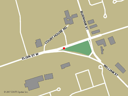 Carte routière indiquant l'emplaçement du bureau Cobourg - Centre Service Canada situé au 1005, rue Elgin Ouest à Cobourg