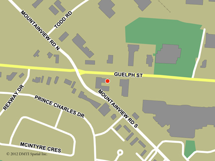 Carte routière indiquant l'emplaçement du bureau Georgetown - Centre Service Canada situé au 232, rue Guelph à Georgetown