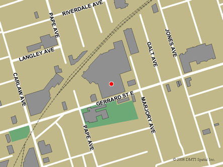 Map indicating the location of Toronto - Gerrard Square Service Canada Centre at 1000 Gerrard Street East in Toronto