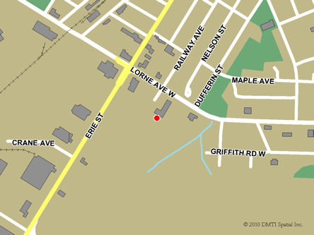Map indicating the location of Stratford Service Canada Centre at 61 Lorne Avenue in Stratford