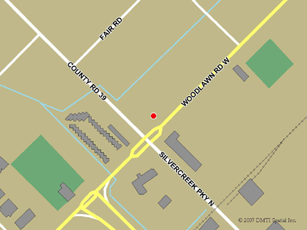 Carte routière indiquant l'emplaçement du bureau Guelph - Centre Service Canada situé au 259, chemin Woodlawn Ouest à Guelph