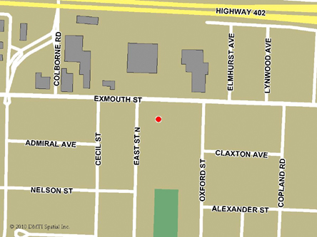 Map indicating the location of Sarnia Service Canada Centre at 529 Exmouth Street in Sarnia