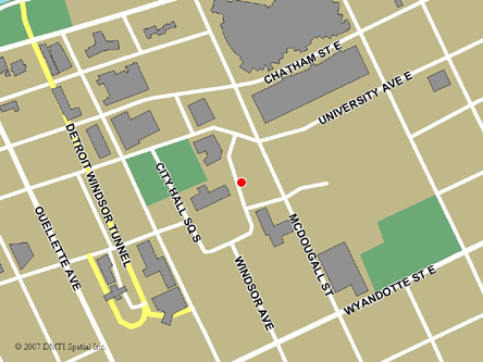 Map indicating the location of Windsor Service Canada Centre at 400 City Hall Square East in Windsor