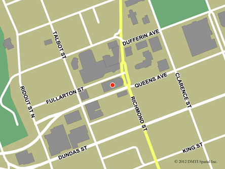 Carte routière indiquant l'emplaçement du bureau London - Centre Service Canada situé au 457, rue Richmond à London