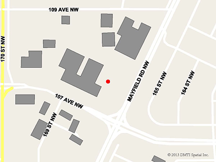 Map indicating the location of Edmonton Westlink Service Canada Centre at 16826 107th Avenue in Edmonton