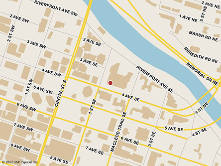 Map indicating the location of Calgary Centre Service Canada Centre and Passport Services at 220 4th Avenue Southeast in Calgary