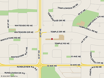 Carte routière indiquant l'emplaçement du bureau Calgary Temple Crossing - Centre Service Canada situé au 5401 promenade Temple à Calgary