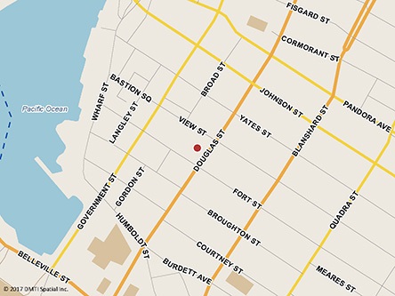 Map indicating the location of Victoria Service Canada Centre and Passport Services at 1150 Douglas Street, 4th Floor, Suite 450 in Victoria