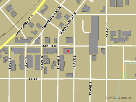 Map indicating the location of Cranbrook Service Canada Centre at 1113 Baker Street in Cranbrook