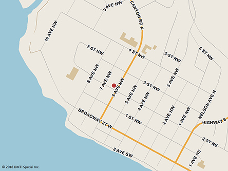 Map indicating the location of Nakusp Scheduled Outreach Site at 204 6th Avenue NW in Nakusp