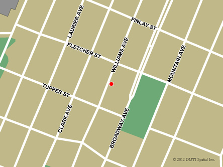 Map indicating the location of Killarney Scheduled Outreach Site at 318 Williams Avenue in Killarney