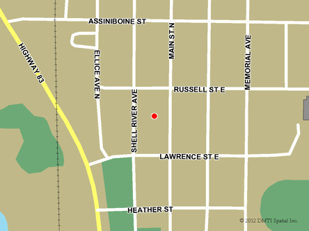 Map indicating the location of Russell Scheduled Outreach Site at Main Street and Lawrence Avenue in Russell