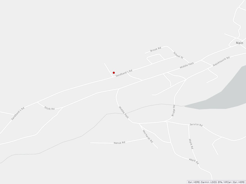 Map indicating the location of Nain Scheduled Outreach Site at 17 Sandbanks Road in Nain