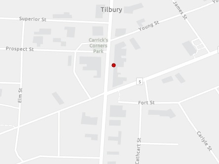 Map indicating the location of Tilbury Scheduled Outreach Site at 26 Queen Street North in Tilbury