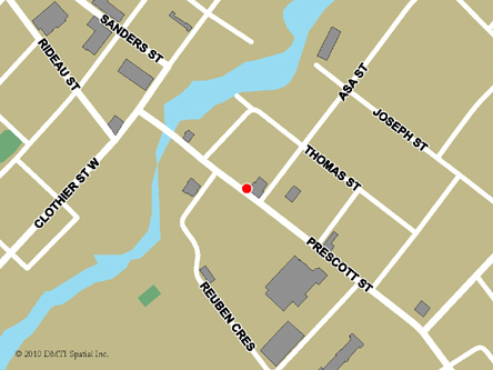 Map indicating the location of Kemptville Scheduled Outreach Site at 125 Prescott Street in Kemptville