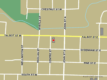 Map indicating the location of Aylmer Scheduled Outreach Site at 20 Talbot Street East in Aylmer