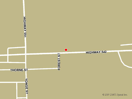 Map indicating the location of Mindemoya Scheduled Outreach Site at 6020 Highway 542 in Mindemoya