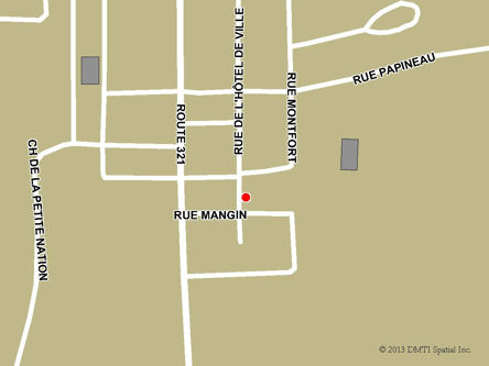Map indicating the location of Cheneville Scheduled Outreach Site at 77 Hôtel de ville Street in Chénéville