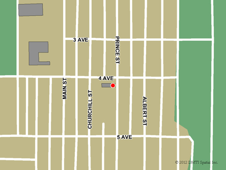 Map indicating the location of Hudson Bay Scheduled Outreach Site at 501 Prince Street in Hudson Bay