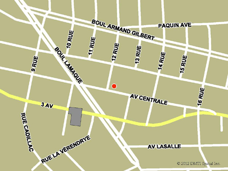 Map indicating the location of Val-d'Or Service Canada Centre at 400 Centrale Avenue in Val-d'Or