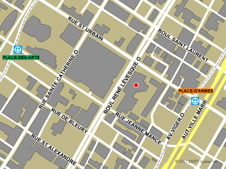 Map indicating the location of Montréal (Downtown) Service Canada Centre at 200 René-Lévesque Boulevard West in Montréal
