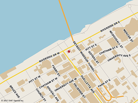 Map indicating the location of Windsor Service Canada Centre - Passport Services at 100 Ouellette Avenue, Suite 503 in Windsor