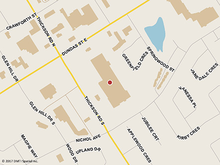 Map indicating the location of Whitby Service Canada Centre - Passport Services at 1615 Dundas Street East, Suite 6 in Whitby
