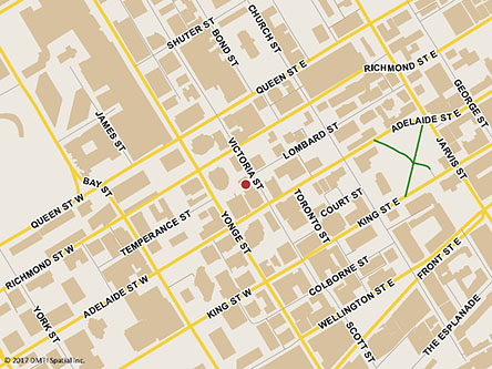 Map indicating the location of Toronto Service Canada Centre - Passport Services at 74 Victoria Street, Suite 300 in Toronto