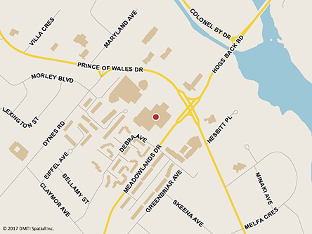 Map indicating the location of Ottawa Service Canada Centre - Passport Services at 885 Meadowlands Drive East, Suite 115 (May also be accessed via 1430 Prince of Wales Drive) in Ottawa