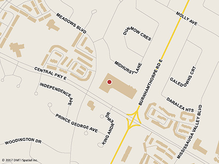 Map indicating the location of Mississauga Service Canada Centre - Passport Services at 377 Burnhamthorpe Road East, Main Floor, Suite 22 in Mississauga