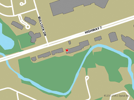Carte routière indiquant l'emplaçement du bureau Markham - Centre Service Canada situé au 5051, autoroute 7 Est à Markham