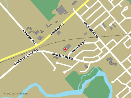 Carte routière indiquant l'emplaçement du bureau Perth - Centre Service Canada situé au 40, boulevard Sunset à Perth