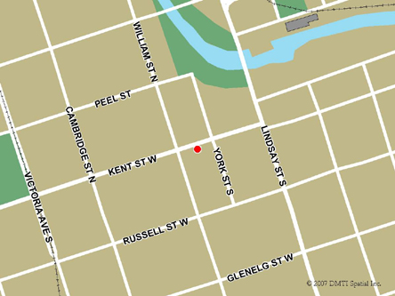 Map indicating the location of Lindsay Service Canada Centre at 65 Kent Street West in Lindsay