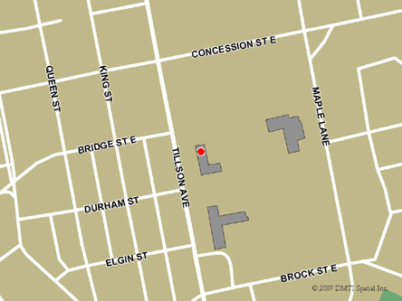 Carte routière indiquant l'emplaçement du bureau Tillsonburg - Centre Service Canada situé au 96, avenue Tillson à Tillsonburg