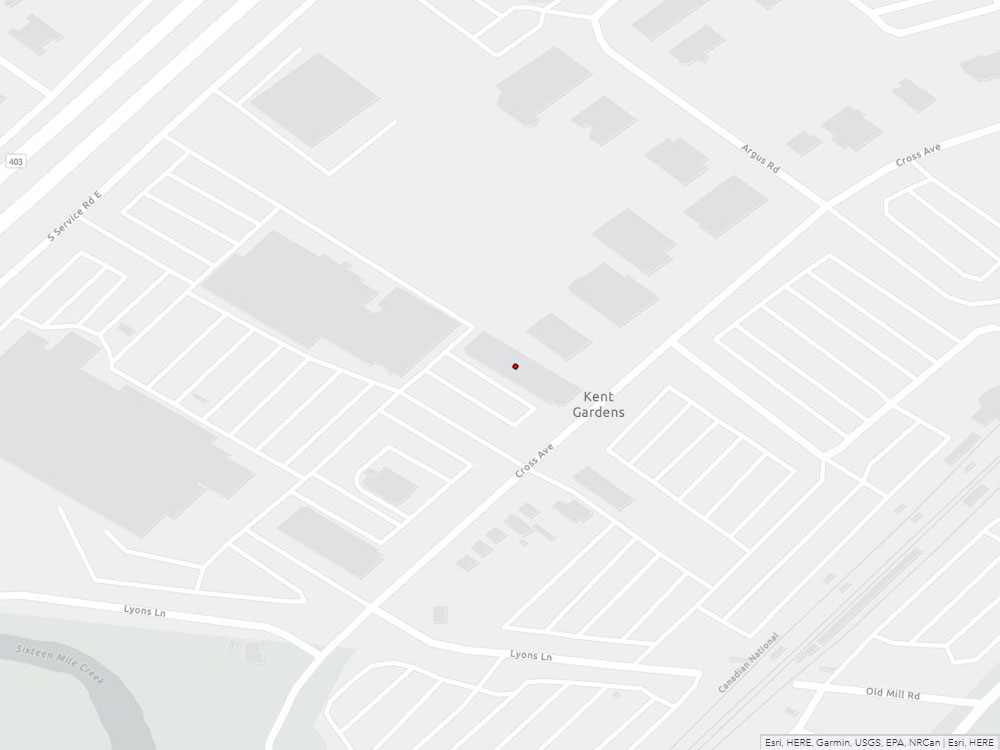 Carte routière indiquant l'emplaçement du bureau Oakville - Centre Service Canada situé au 125 Avenue Cross  à Oakville