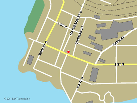 Map indicating the location of Kenora Service Canada Centre at 308 2nd Street South in Kenora