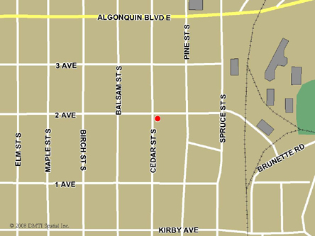 Carte routière indiquant l'emplaçement du bureau Timmins - Centre Service Canada situé au 120, rue Cedar Sud à Timmins