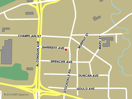 Map indicating the location of North Bay Service Canada Centre at 107 Shirreff Avenue in North Bay