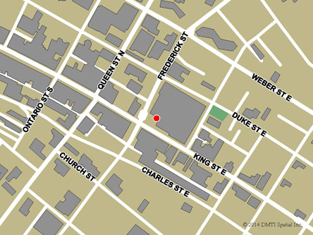 Map indicating the location of Kitchener Service Canada Centre at 25 Frederick Street in Kitchener